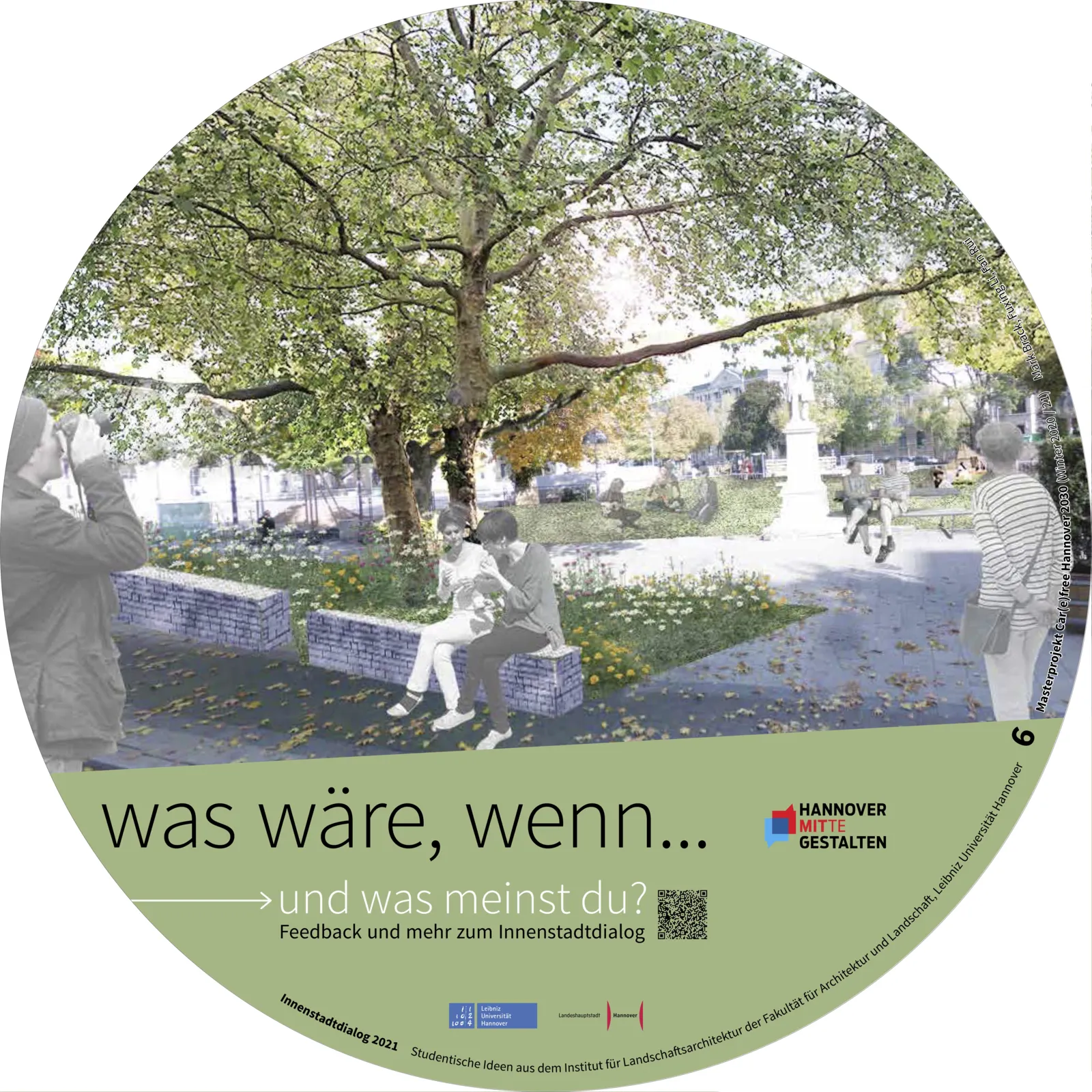 Visualisierung, die Menschen auf einem Platz zeigt, der sehr begrünt ist.
